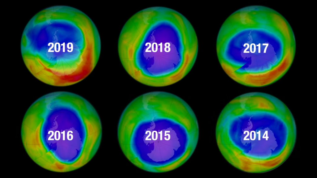 Imagens do satélite NOAA mostram a redução do buraco da camada de ozônio entre 2014 e 2019.