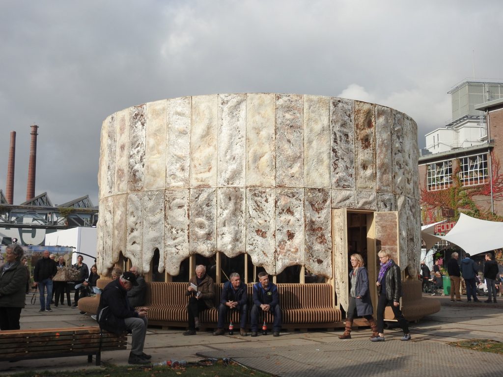 Micélio de cogumelos cresce nos painéis externos do Growing Pavilion